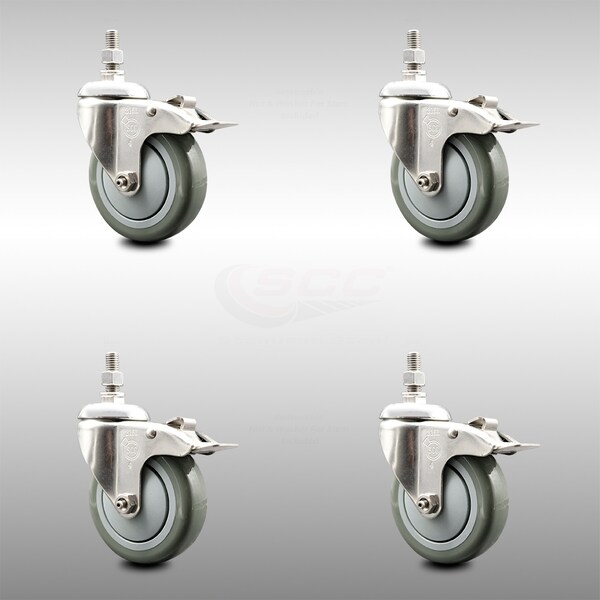 Service Caster 4 Inch 316SS Gray Polyurethane Wheel Swivel 12mm Stem Caster Set Lock Brake SCC-SS316TSTTL20S414-PPUB-M1215-4 - main